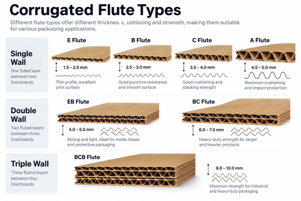 Corrugated flute types including E, B, C, A, EB, BC and BCB flute