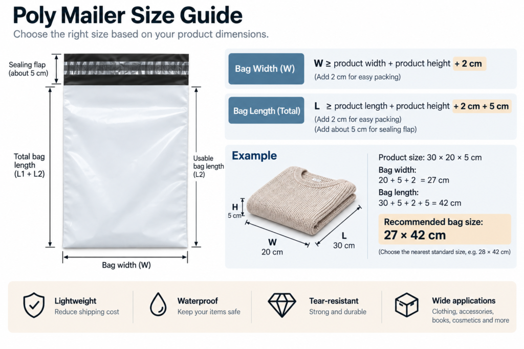 How to calculate packaging size for poly mailers based on product dimensions